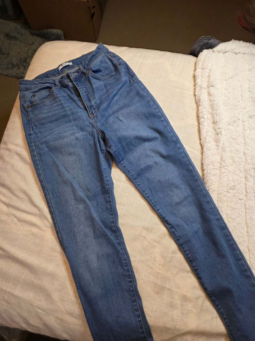 Copper Key High Rise Skinny Blue Denim Jeans with Subtle Dot Pattern